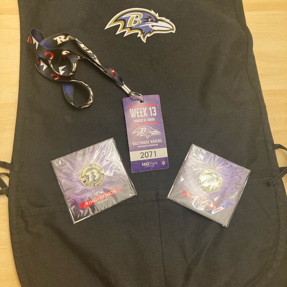 Ravens apron and Marshal John Yanda two game day pins